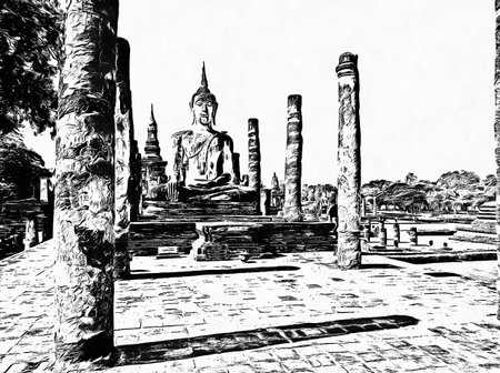 Ancient thai architecture landscape Black and white illustrations.の写真素材