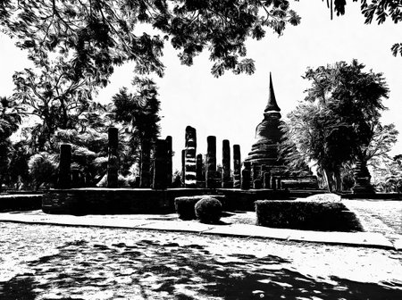 Ancient thai architecture landscape Black and white illustrations.の写真素材