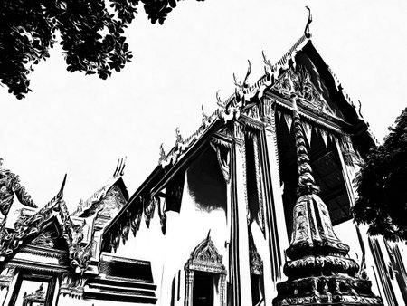 Landscape of Wat Pho in Bangkok Black and white illustrations.の写真素材