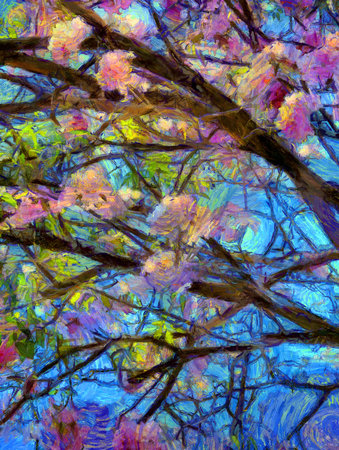 A big tree with bright pink bush flowers Illustrations creates an impressionist style of painting.