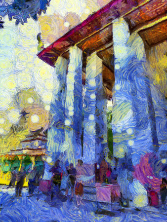 Landscape of Wat Pho Major attractions in Bangkok Illustrations creates an impressionist style of painting.の写真素材