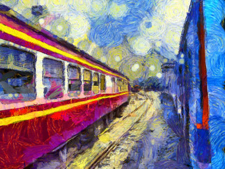 Thai train at the train station Illustrations creates an impressionist style of painting.の写真素材