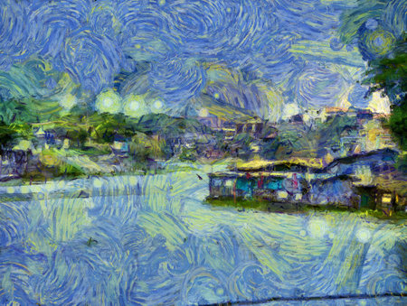 Landscape of the riverside in rural Thailand Illustrations creates an impressionist style of painting.の写真素材