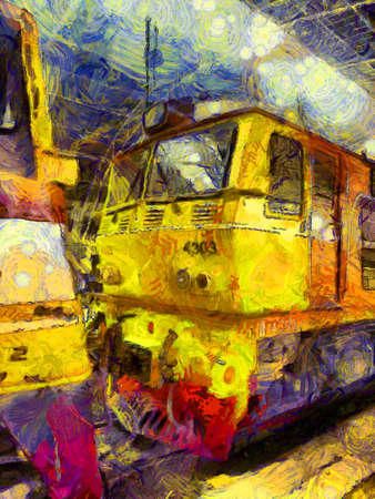 Thai train at the train station Illustrations creates an impressionist style of painting.の写真素材