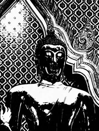 Big ancient Buddha statue in Bangkok Black and white illustrations.の写真素材