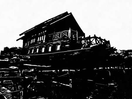 An ancient wooden boat in a dry dock Black and white illustrations.の写真素材