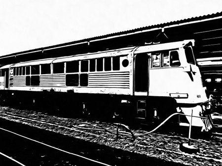 Train at Hua Lamphong Railway Station and passengers Black and white illustrations.