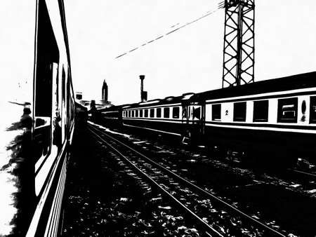 Thai trains are entering the train station Black and white illustrations.の写真素材
