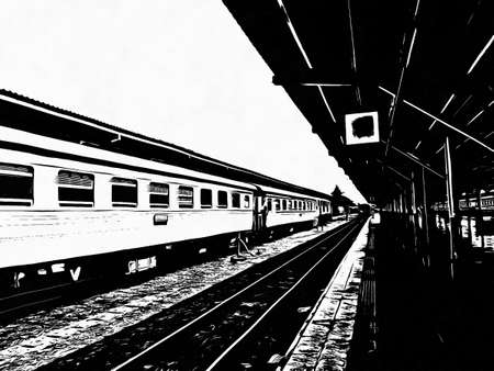Train at Hua Lamphong Railway Station and passengers Black and white illustrations.の写真素材