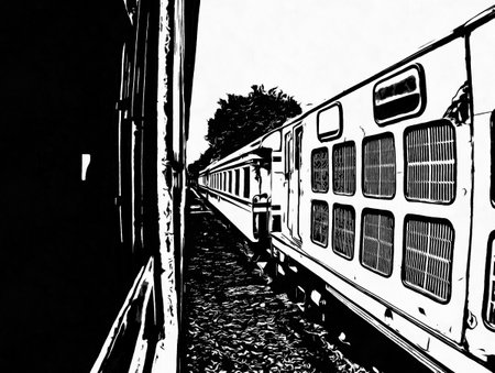 Old diesel locomotive Black and white illustrations.の写真素材