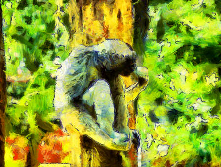 A monkey sitting on a log Illustrations creates an impressionist style of painting.の写真素材
