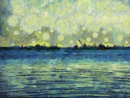 Coastal landscape Illustrations creates an impressionist style of painting.の写真素材