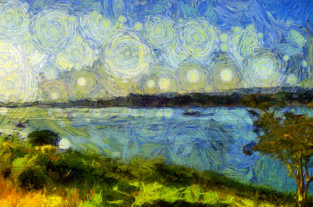 Landscape of the Mekong River in Thailand Illustrations creates an impressionist style of painting.の写真素材