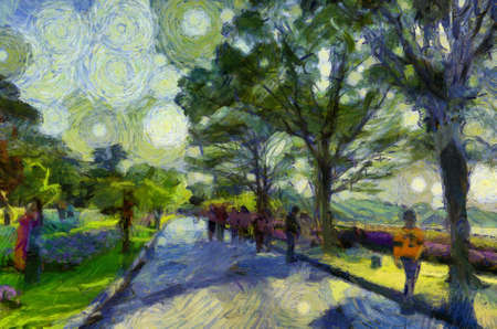 Park landscape Illustrations creates an impressionist style of painting.の写真素材