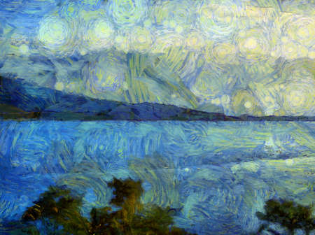 Lakeside landscape Illustrations creates an impressionist style of painting.の写真素材