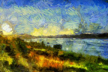 Landscape of the Mekong River in the time of Twilight Illustrations creates an impressionist style of painting.の写真素材