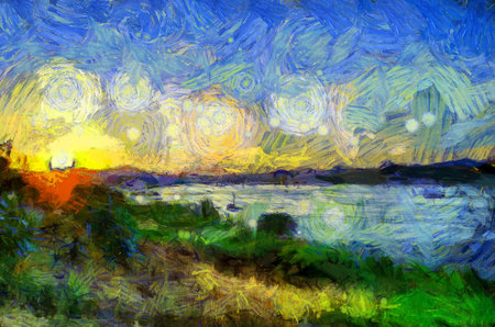 Landscape of the Mekong River in the time of Twilight Illustrations creates an impressionist style of painting.の写真素材