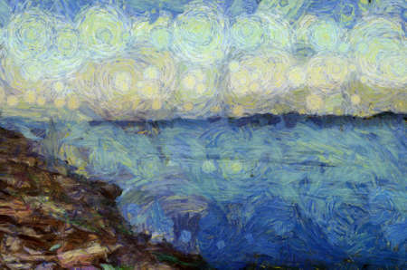 Landscape of the Mekong River in Thailand Illustrations creates an impressionist style of painting.の写真素材