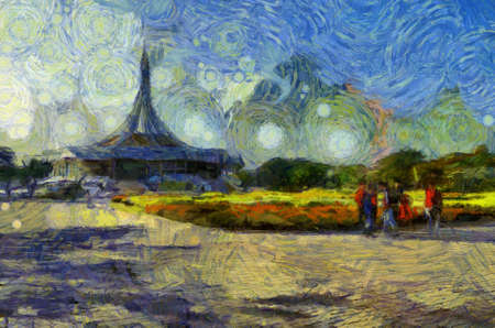 Park landscape Illustrations creates an impressionist style of painting.の写真素材