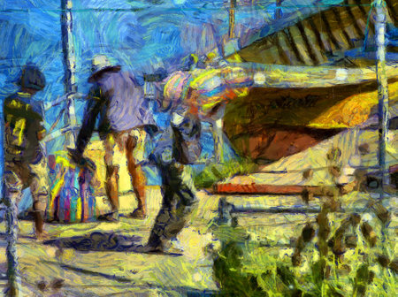 Port loading workers Illustrations creates an impressionist style of painting.の写真素材