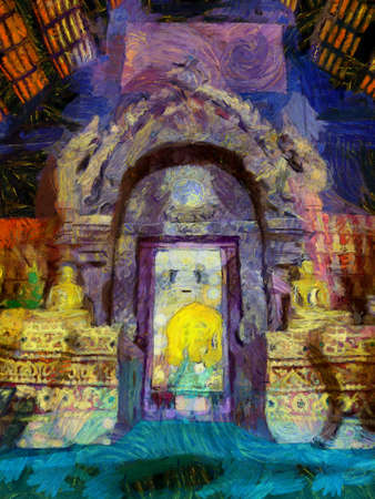 Ancient temples, art and architecture in the northern Thai style Illustrations creates an impressionist style of painting.の写真素材