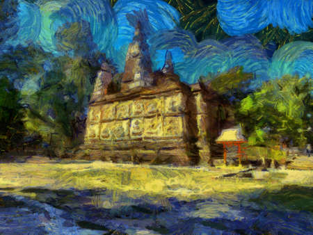 Wat Chet Yot temple,Ancient pagoda decorated with stucco designs. Is a Bodh Gaya pagoda India Illustrations creates an impressionist style of painting.の写真素材