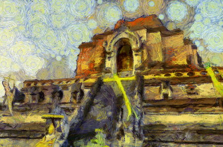 Ancient pagoda Illustrations creates an impressionist style of painting.の写真素材