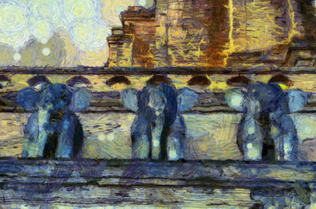 Ancient pagoda Illustrations creates an impressionist style of painting.の写真素材