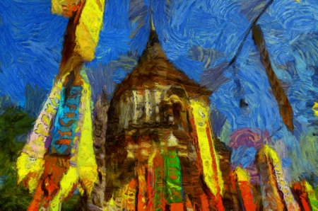 Ancient pagoda Illustrations creates an impressionist style of painting.の写真素材