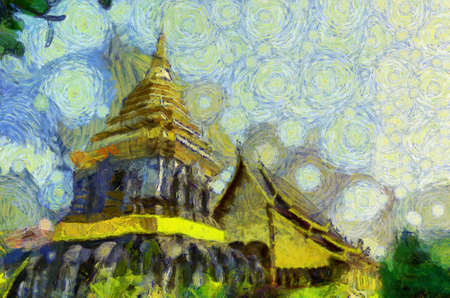 Ancient pagoda Illustrations creates an impressionist style of painting.の写真素材