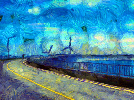 The landscape of electricity generating turbines Illustrations creates an impressionist style of painting.の写真素材