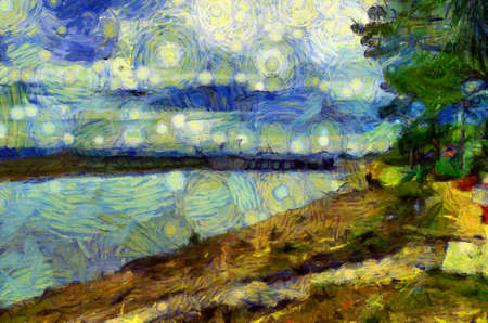Landscape of the river  Illustrations creates an impressionist style of painting.の写真素材