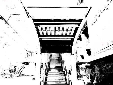 Landscape of Metro Station and City Passengers Black and white illustrations.の写真素材