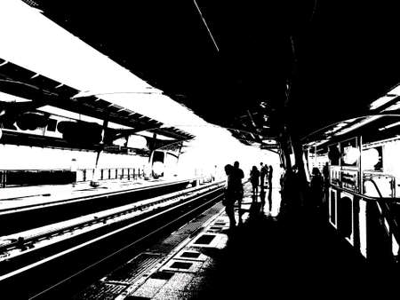Landscape of Metro Station and City Passengers Black and white illustrations.の写真素材