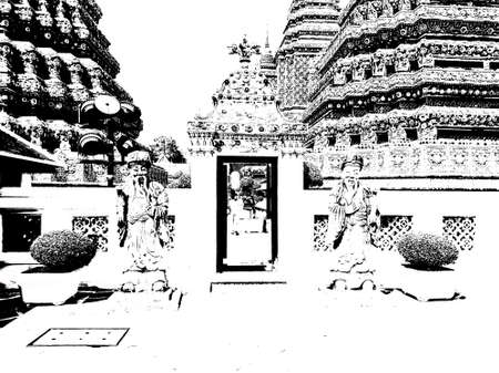 Wat Phra Chetuphon (Wat Pho), is located behind the splendid Temple of the Emerald Buddha Illustrations creates an Black and white illustrations.の写真素材