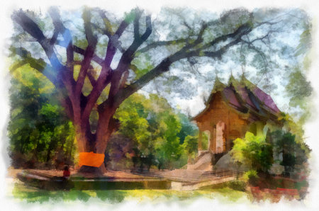 Ancient architecture of northern thailand watercolor style illustration impressionist painting.の写真素材