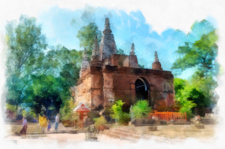 Ancient architecture of northern thailand watercolor style illustration impressionist painting.の写真素材