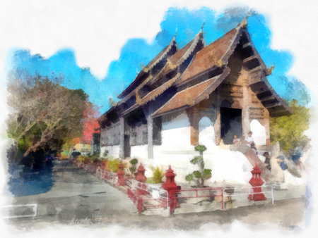 Ancient architecture of northern thailand watercolor style illustration impressionist painting.の写真素材