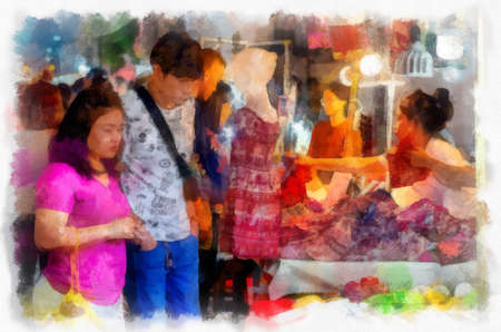 Chiang Mai Walking Street Thailand A local handicraft market watercolor style illustration impressionist painting.の写真素材