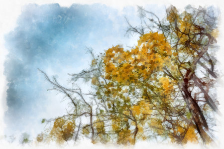 Tree with dry yellow flowers and leaves watercolor style illustration impressionist painting.の写真素材