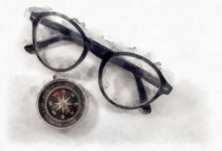 compass with glasses watercolor style illustration impressionist painting.の写真素材