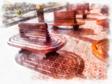 Thai train at the train station market watercolor style illustration impressionist painting.の写真素材