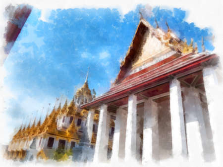 Ancient architecture of Thailand watercolor style illustration impressionist painting.の写真素材