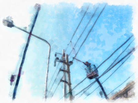 Construction lifts and electric poles watercolor style illustration impressionist painting.の写真素材