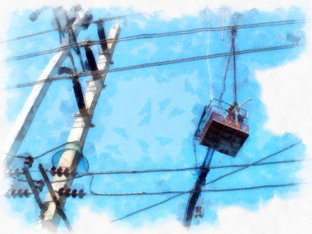 Construction lifts and electric poles watercolor style illustration impressionist painting.