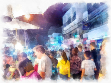Night market in Thailand watercolor style illustration impressionist painting.の写真素材