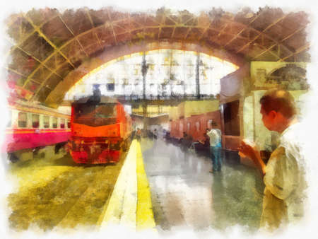 Landscape of Bangkok Hua Lamphong Train Station watercolor style illustration impressionist painting.の写真素材
