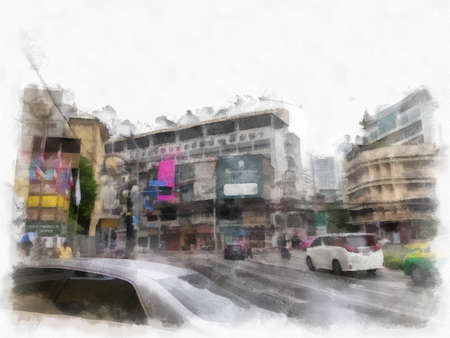 city landscape and road watercolor style illustration impressionist painting.の写真素材