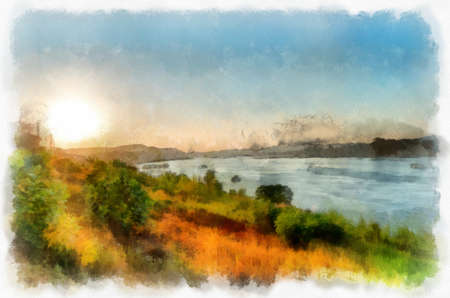 The landscape of the Mekong River Thailand watercolor style illustration impressionist painting.の写真素材