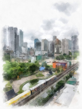 landscape of buildings in the city watercolor style illustration impressionist painting.